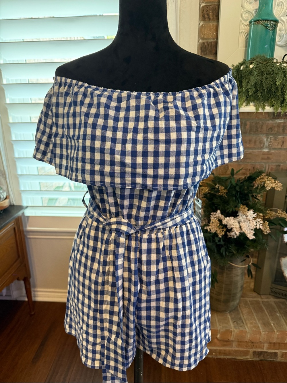 HYFVE NWT Blue White Gingham Off Shoulder Romper Size M Dorothy Farmhouse